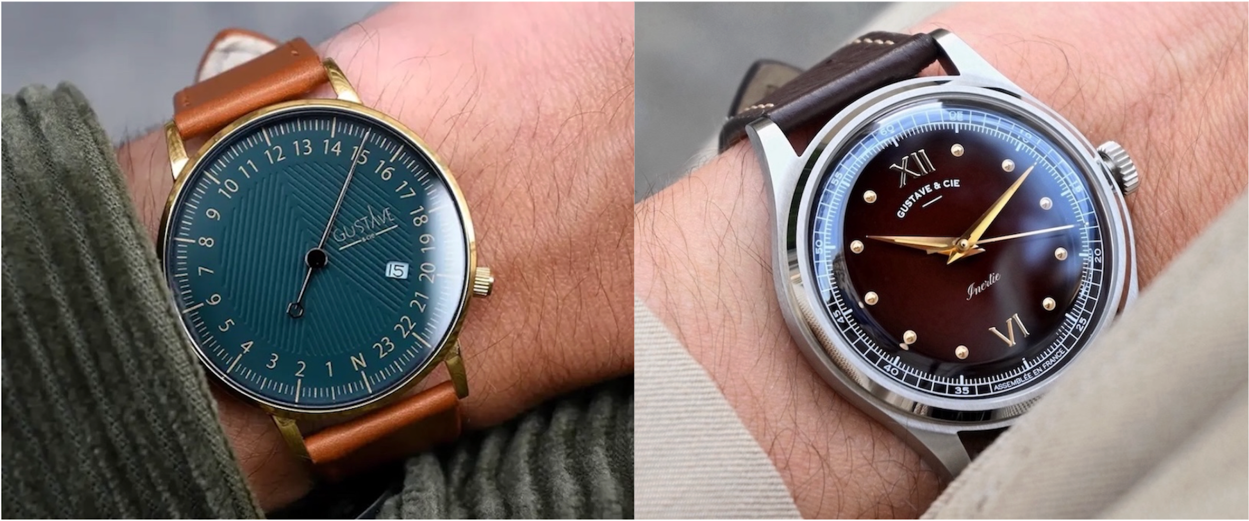 Deux montres Gustave & Cie côte à côte : la montre à quartz André 24H avec boîtier or, cadran vert et bracelet cuir marron Havane surpiqué, et la montre automatique Léon 12H avec boîtier argent, cadran marron et bracelet cuir marron Chocolat grainé.