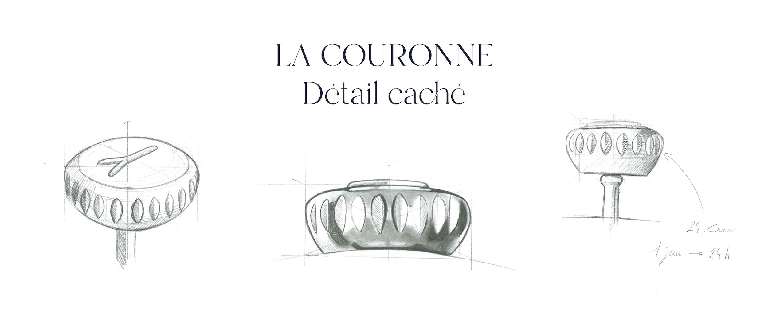 Esquisse technique d'une couronne de montre Gustave & Cie cannelée à 24 crans, conçue pour nos modèles 24 heures.