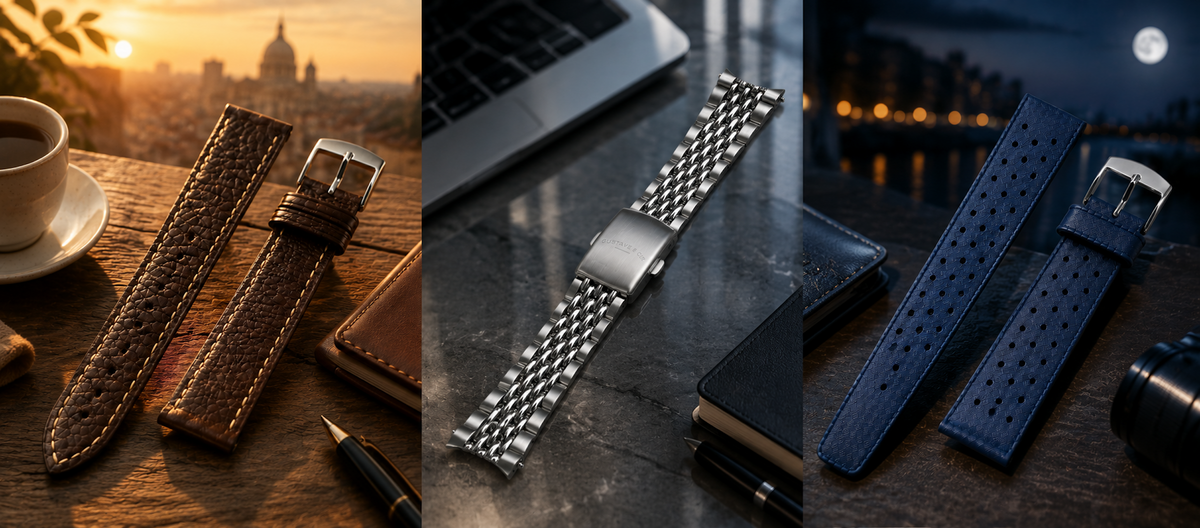 Composition de trois bracelets de montre Gustave & Cie : un modèle en cuir marron, un bracelet en acier brillant et un bracelet bleu perforé.