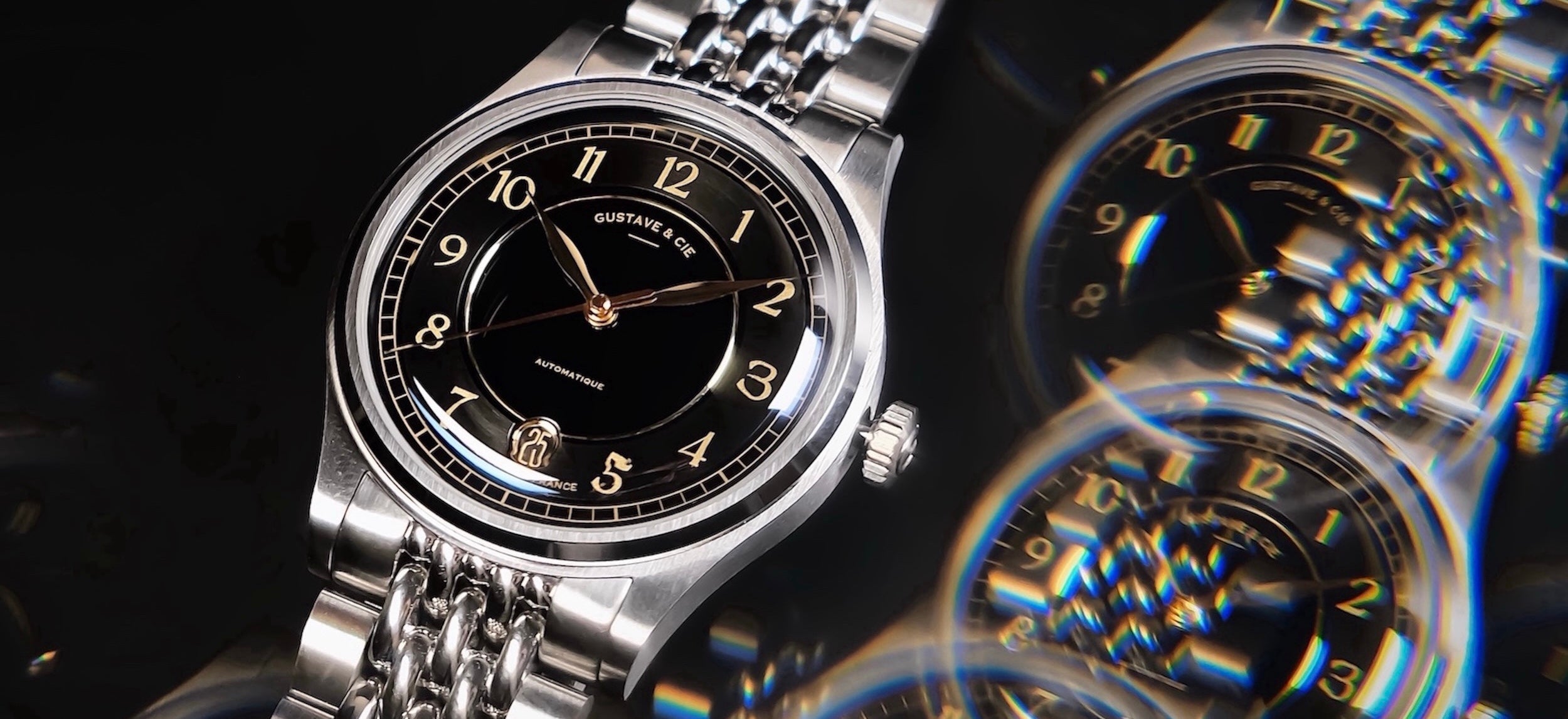 Montre automatique Charles 12H, boitier Argent de 38mm, cadran noir, bracelet grain de riz