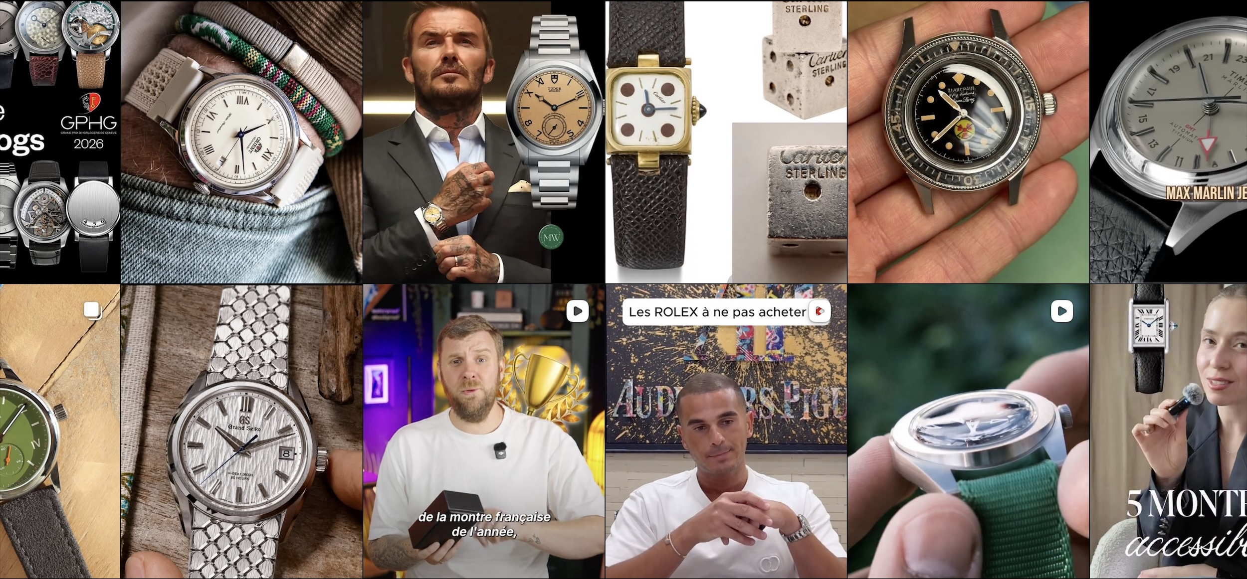 Collage de résultats de recherche Instagram sur l'horlogerie : montres de luxe, détails de cadrans et créateurs de contenu, illustrant le dynamisme du secteur sur les réseaux sociaux.