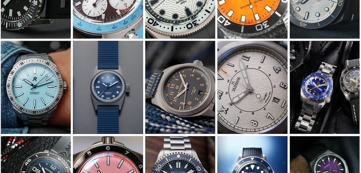 Collage de montres de diverses micro-marques horlogères illustrant la diversité des cadrans, finitions et designs contemporains.