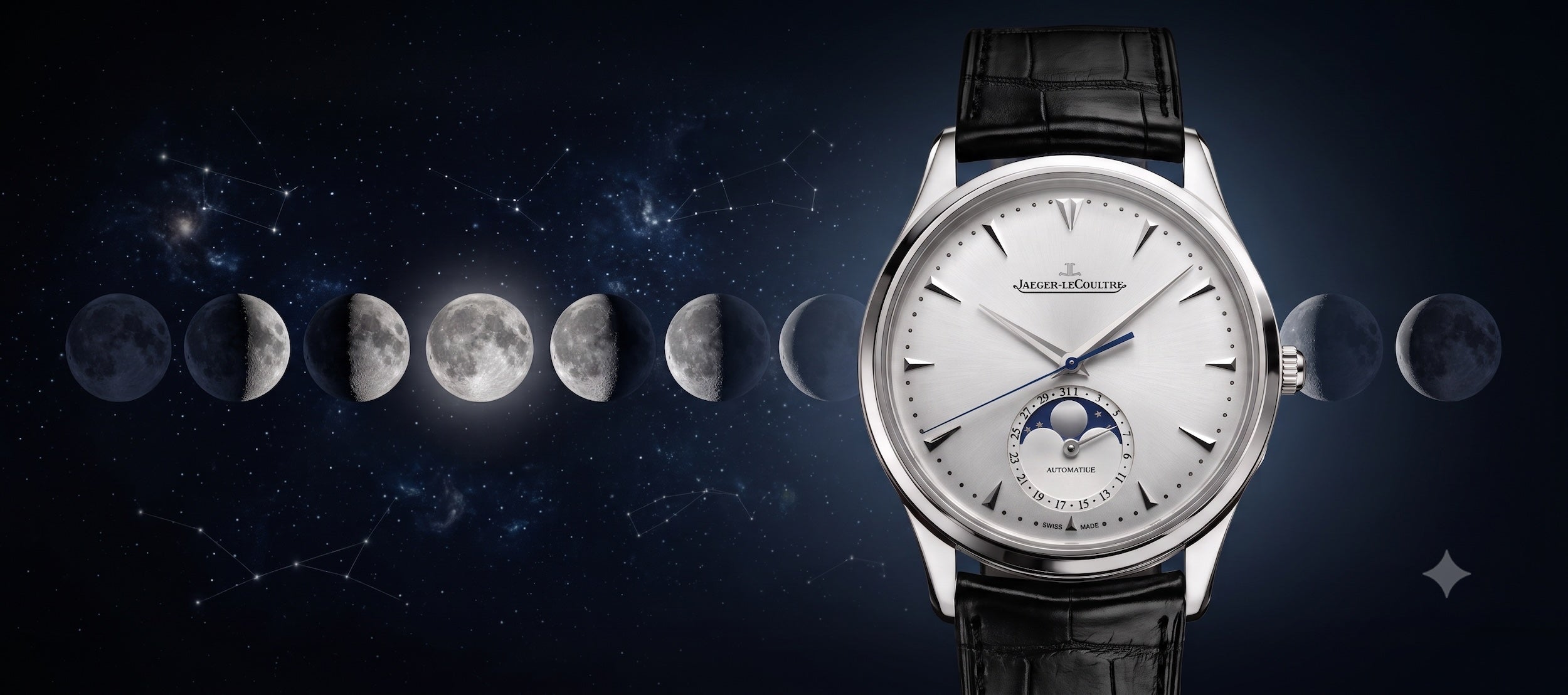  Vue rapprochée d'une montre Jaeger-LeCoultre automatique. Le cadran argenté avec index appliques présente une complication phase de lune centrale sur fond étoilé, mise en scène devant une illustration céleste montrant le cycle des phases lunaires.