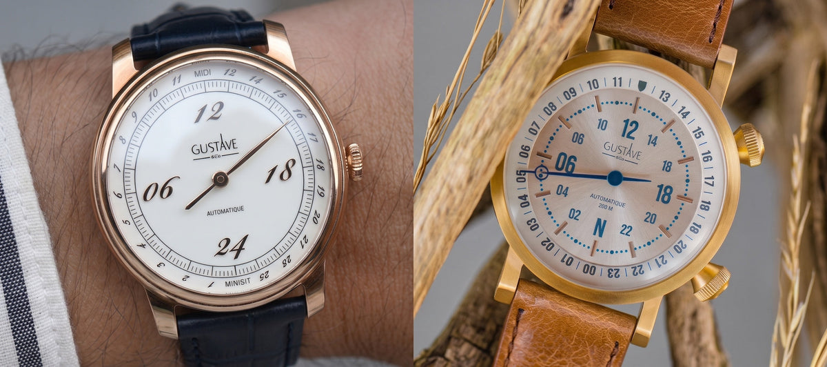 Montres mono-aiguilles 24h Gustave &amp; Cie : modèle Paul à cadran épuré (gauche) et modèle Jules avec lunette interne rotative (droite).