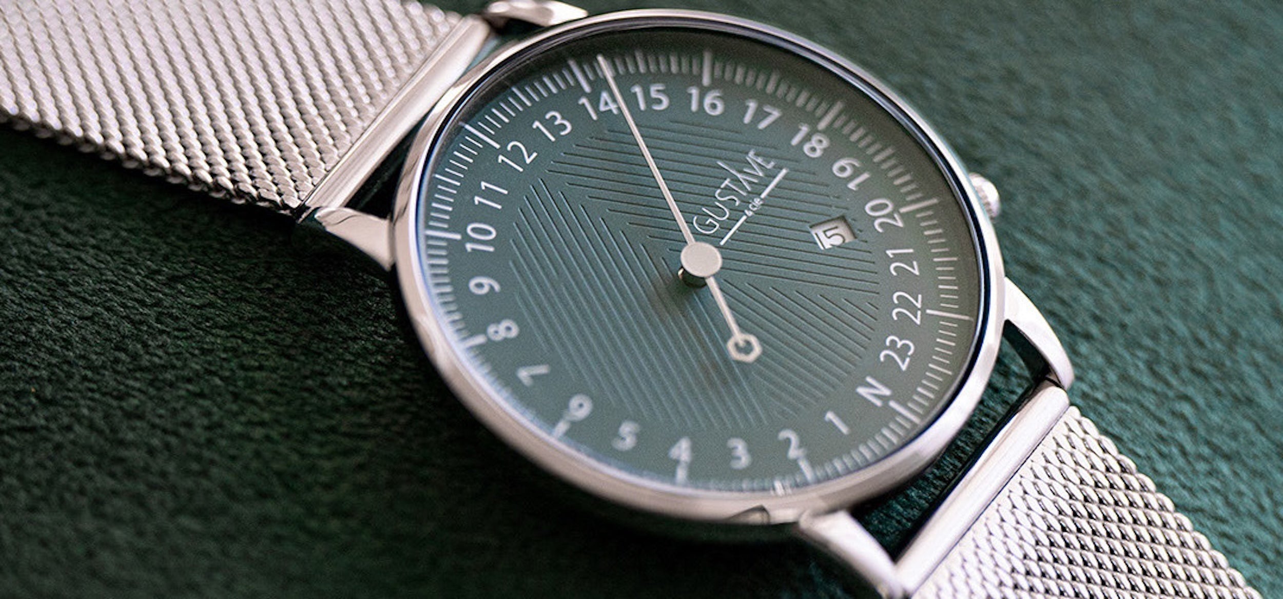Montre mono-aiguille André 24H, boîtier argent 40 mm, cadran vert, bracelet milanais argent