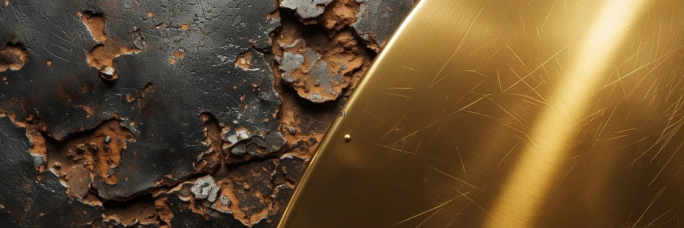 Contraste entre un métal oxydé et un métal brossé, illustrant le recyclage des matériaux et leur renaissance en horlogerie durable.